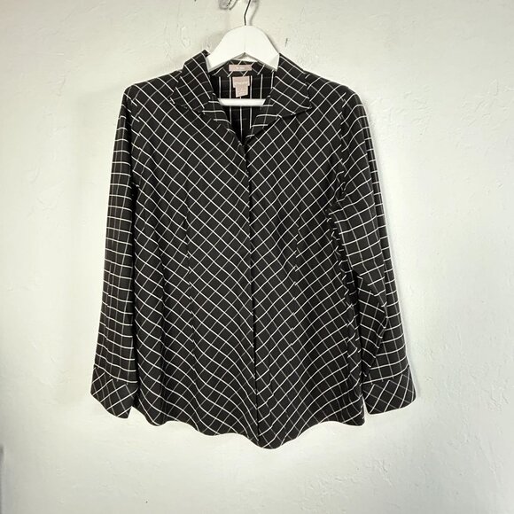 Chico's Womens Black & White Grid Button-Up No Iron Cotton Shirt Size 2 (12/14) - Picture 1 of 7